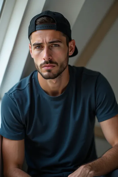 Right!  Heres a detailed prompt to recreate a similar image :

---

"A young man seated indoors ,  wearing a dark blue t-shirt and a black cap turned backwards. He has a serious expression on his face, with a thin beard.  The background shows white walls a...