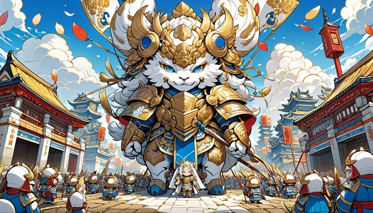 A chibi-style character in the form of Emperor Karion, inspired by Japanese anime aesthetics, wearing a dazzling golden armor adorned with intricate engravings of mythical creatures. A grand crimson cape flows dramatically behind him. His expression shows ...