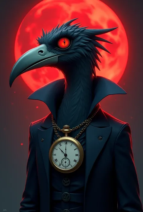 fear， beak radiates，I have a pocket watch on my chest ，handsome，Red moon in the background，cartoon，长的handsome，Red eyes