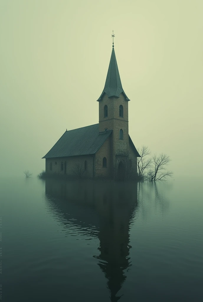  Help me create an image of a Protestant-style church that is sunk in a very large lake. But let only see a small part of the top of the church . With the sky a little clear .  But have these colors : #4E3B31 , # A39791 , # C79840 y  #B5B7BC please 