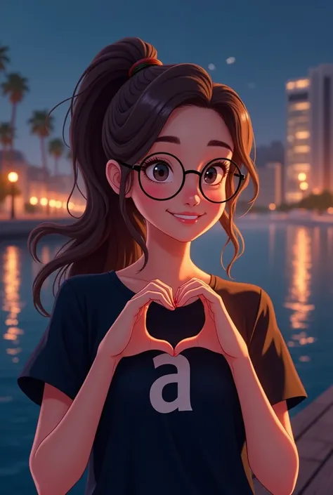 A young woman with long, flowing brown hair tied in a high ponytail, wearing stylish round glasses and a black shirt with a bold A logo. She is making a heart shape with her hands and smiling softly. The setting is nighttime by a waterfront, with softly gl...