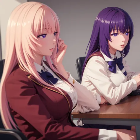 1 girl,  midnight long purple hair, Golden Light Eyes , sit in class,  modern white school uniform, animated