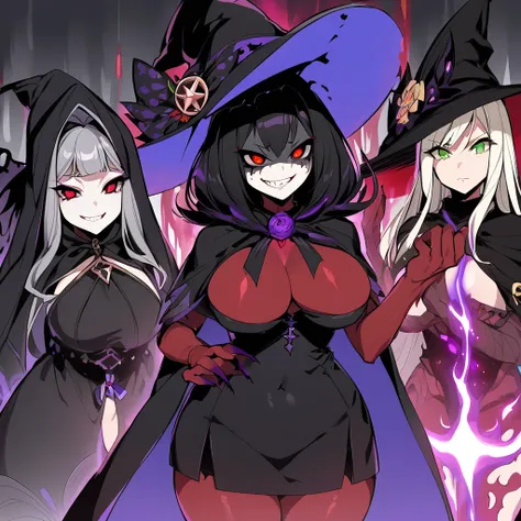 Anime, multiple beautiful girls, witches, dark witch clothes, witch hat, Red skin, Colored sclera, black sclera, green eyes, curvy body, evil grin, eyes narrows, Red skin, purple flaring aura, girls surrounding 