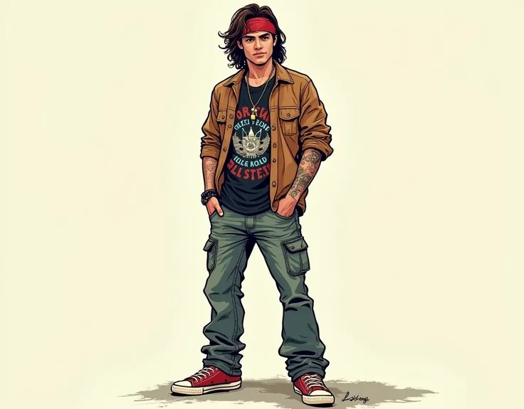 manga style illustration, man, 22 years old,  brown eyes , brozeado, rocker,  long hair, bandana,  printed shirt covering a rock band t-shirt, Wearing All-Star long pants
Whole body