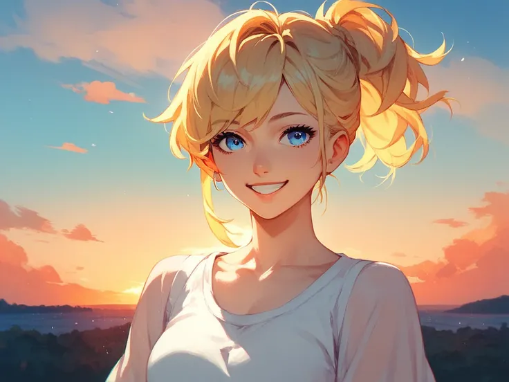  1 girl, Blonde,  blue eyes, anime,  green and white clothes,sunset,smile