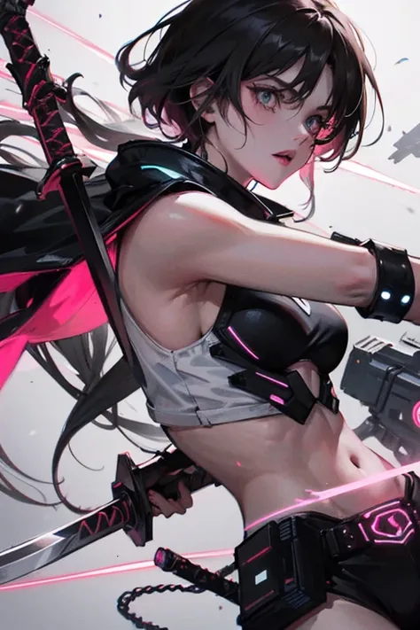  1 s cyberpunk style with an athletic body and with two swords on the back looking forward in an attack pose,Pink and black hair  