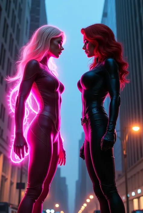 An intense face-off between two powerful women: Atom Eve from Invincible and Black Widow from the Marvel Universe. The scene takes place in an urban environment at dusk, with dramatic lighting highlighting their fierce expressions. Atom Eve, with her glowi...