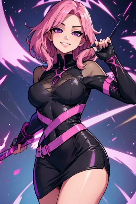 Perfect face. Perfect hands. A pink haired woman with violet eyes with an hourglass figure in a tight leather dress is smiling while spinning her scythe in the cemetery
