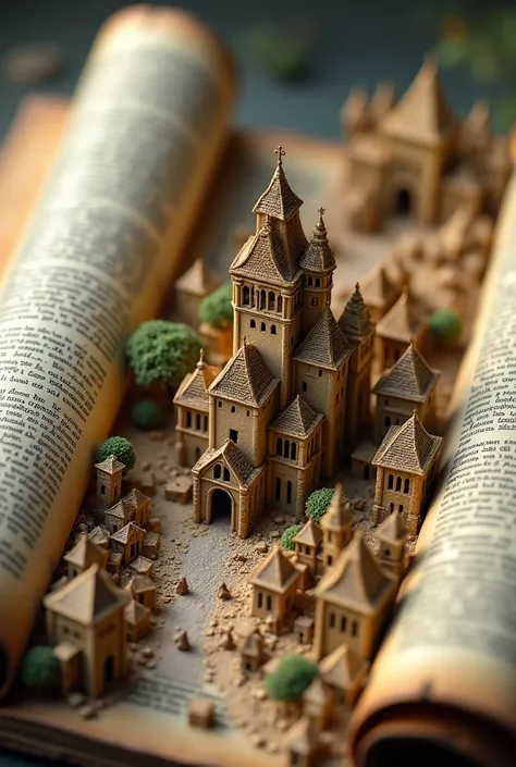 macro shot: A miniature world living on the pages of an ancient scroll. Tiny castles, pyramids, and cities are built from the letters and paragraphs of the text. As the pages unroll, the buildings become more colorful and detailed, revealing the intricate ...