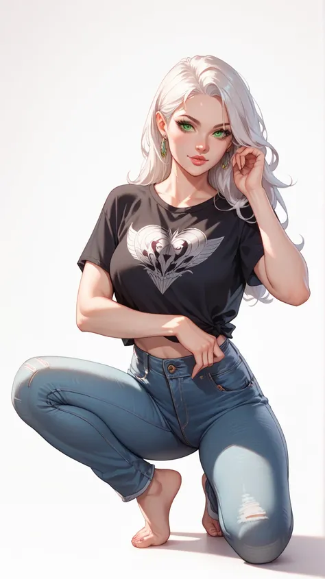 1 nerdy woman, woman in T pose, beautiful, white hair, green eyes, wearing t-shirt and jeans, high resolution, white background, full body, villain look