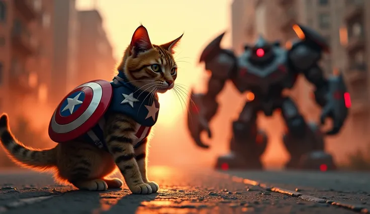 A cat wearing captain American uniform fighting with a car transformeing in monster in fire evening street 