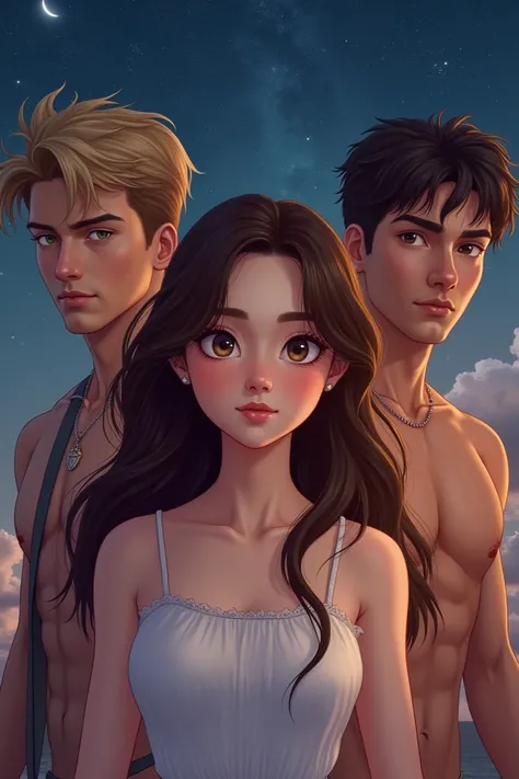  A cover of a love series of a love triangle featuring a white girl with brown eyes and brown hair and two boys, one blond guitarist and another dark volleyball movie with a title" Between Saques and Stars "