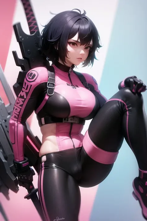 A cyberpunk style with an athletic body and with two swords on the back looking forward ,Pink and black hair  