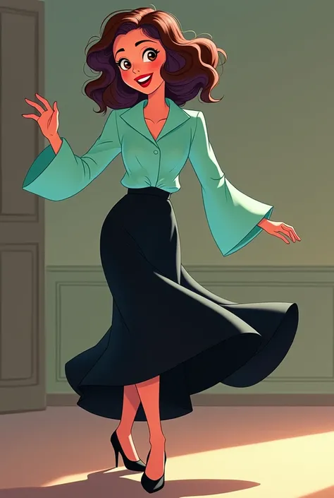 2d animation. Brunette girl, high,  clothing from the years 1945, The green blouse aqucua , black flick, cabello purpura