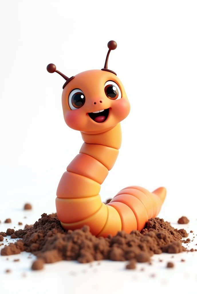 3D render of an adorable earthworm emerging from the ground, viewed at a 3/4 angle. The earthworm has a soft, smooth texture with bright, friendly colors, making it look cute and approachable. It has a playful expression, big, expressive eyes, and a small ...