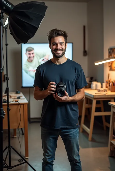 The YouTuber stands in a photography studio, holding a camera and showing his photos on a screen. Another shot shows him in an art studio, displaying handmade products ready for sale online."



