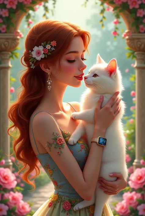 A graceful  woman with long, wavy auburn hair, adorned with delicate floral hairpins and elegant earrings, wearing a colorful  embroidered gown with colorful floral patterns. She is holding a fluffy white cat close to her face and kissing it gently. She is...