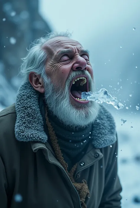  At the end of his life a man who has the power of ice opens his mouth in a supernatural way and from his mouth that instead of his teeth there are ice thorns, A cold cry comes out ,  that would be a sacrifice since he opened his mouth so wide that his jaw...