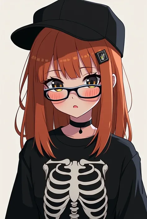 Create an image of an anime girl with these characters: smooth dark orange hair, a black shirt with the torso of a skull, black nerd glasses and a black cap. 