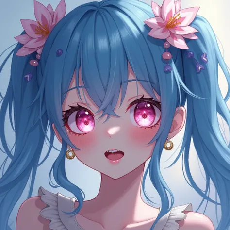 1girl, Pink Eyes, Hair Flower, Earrings, Twintails, Blue Hair, Fang, Blush, Out Of Frame, Chromatic Aberration, Drop Shadow, Impressionism, 