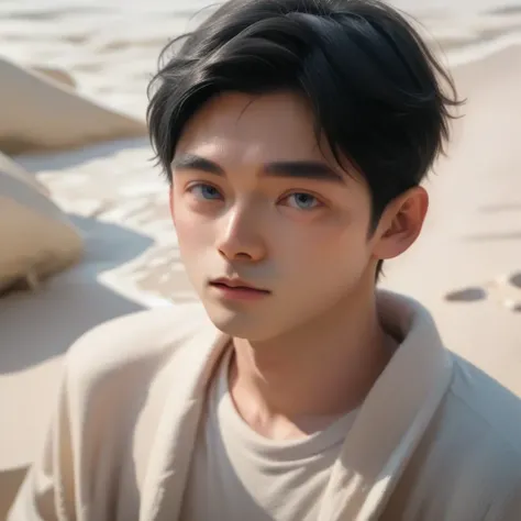 Im taking a walk on a wonderful white sand beach,japanese boy, 19-years-old,small face,round face,dark blue eyes, black hair,(slim),(small:0.9),8k,( Realistic)