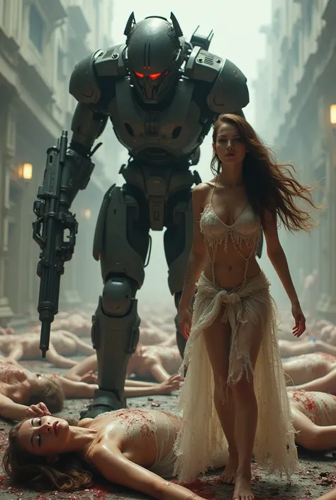 Cyborg from the future shutting down with a machine gun a young woman, long brown hair, thin, with a ragged transparent tiny drees, almost naked, theres blood and bullets flying everywhere, and a lot of young women naked laying dead on the floor