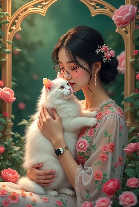 A graceful  woman with long, wavy black hair, adorned with delicate floral hairpins and elegant earrings, wearing a colorful  embroidered gown with colorful floral patterns. She is holding a fluffy white cat close to her face and kissing it gently. She is ...