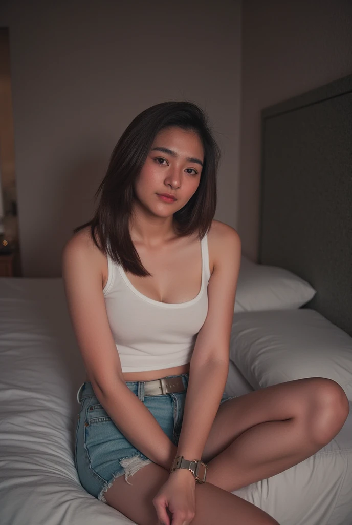 *ภาพสาวไทย, wearing white camisole with shorts jeans, sitting pose on bed, bedroom , night , cute, smile
