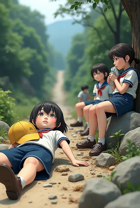 A hyper-realistic depiction of a group of tired Japanese elementary school students during a break on a mountain hike for a school trip. The scene focuses on lifelike expressions and postures: one  is lying flat on their back with an exhausted look, their ...