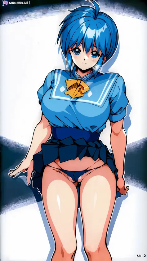 ( best quality , 8k, 32K, masterpiece,  super high resolution:1.2),  blue hair,  shorthair, Saki Nijino, smile, fine, Full Strength, guts , sweat , kawaii, Eros,  Mini Skirt, Skirt lift, Naughty expression, Take off your panties,  shows pussy 