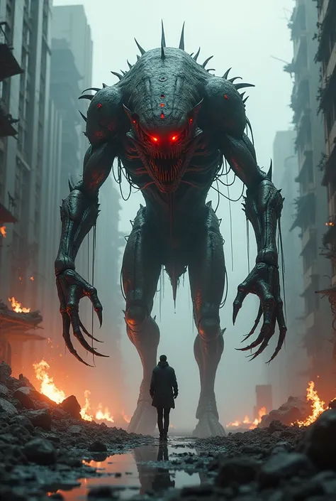 "A futuristic, biomechanical monster with razor-sharp metallic limbs and glowing red optics. Its body is a terrifying fusion of flesh and machinery, dripping with black oil. Sparks fly as it stalks a ruined cityscape, hunting for survivors amidst destroyed...