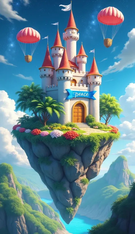 Create high resolution/4K, competition winner, masterpiece, details, A medieval style white-red Castle floating on a island in the sky with white flag and lush green surrounding it, red-yellow-white flower surrounding it, door is golden color, courtyard an...