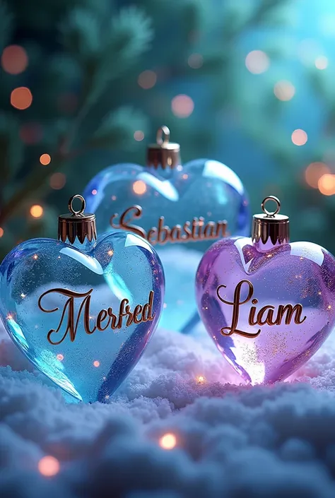 3 transparent heart-shaped Christmas balls in relief 3d name Marfred and the other name Sebastian and the name Liam in splendid mode decoration in beautiful colors blue, green, and lilac