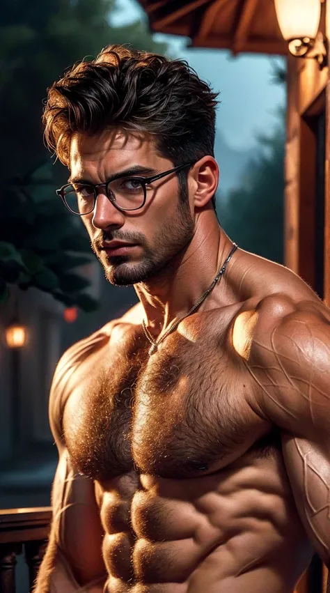 wn suit, dark brown eyes, beard like glasses, broadshouldered, not very muscular, chic, 30 years, Outdoor Hot Spring Hall Garden Landscape! Stone lamp! Beautiful environment! Water and fog!Best quality, masterpiece, ultra high res,detailed background,solo,...