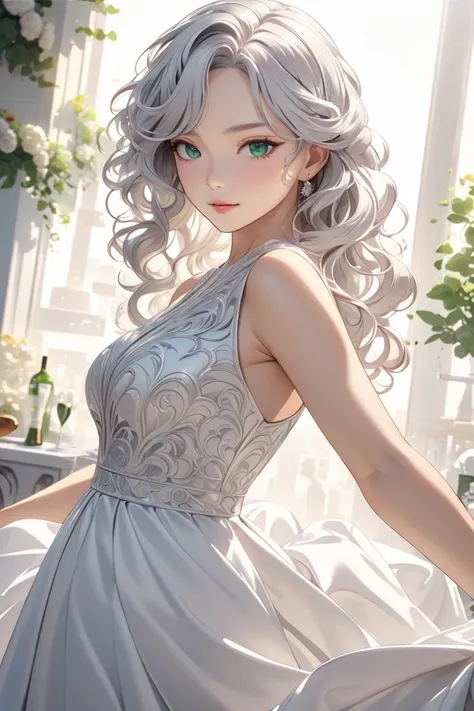 older woman, detailed background, every detail is rendered in superb detail, perfect composition, masterpiece, best quality, 8k, ultra-detailed, anime, correct anatomy, silver white hair, wavy hair, green eyes, modern dress,