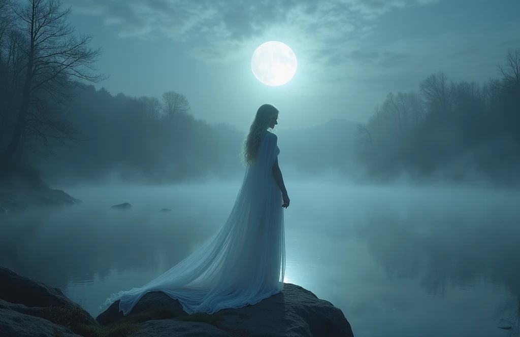 A ghostly woman in a white dress standing at the edge of a misty lake under a full moon