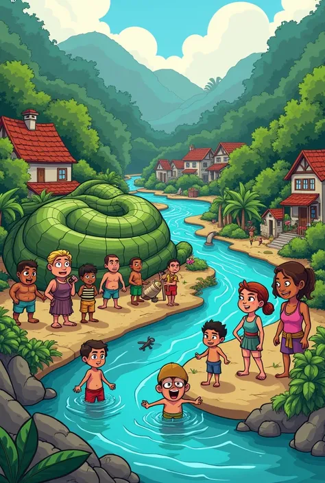 Villagers finding an anaconda in the river 
and working together to capture it carefully in cartoons for ren
