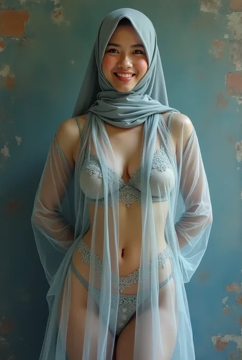 IBU HIJAB TUA MALAY INDONESIAN VERY BIG MOMMA WEARING OVERSIZED LINGERIE & Transparent coat, SOFT SMILE, HOLD HANDS BEHIND HER BACK!, ( 50x-UltraSharp ), BACKGROUND TEMBOK BATU BATA, YOU ARE VERY NAUGHTY, tera pencil painting, light blue 