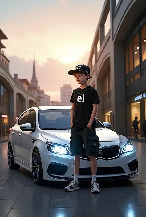 A teenage boy wearing casual clothes stands in the hallway of a modern mall. He is wearing a black t-shirt with a white "EL" logo, black cargo shorts with large pockets, a black hat with a