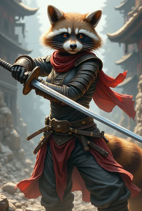 Raccoon fused with a womans warrior costume and drawing the sword from behind in anime 