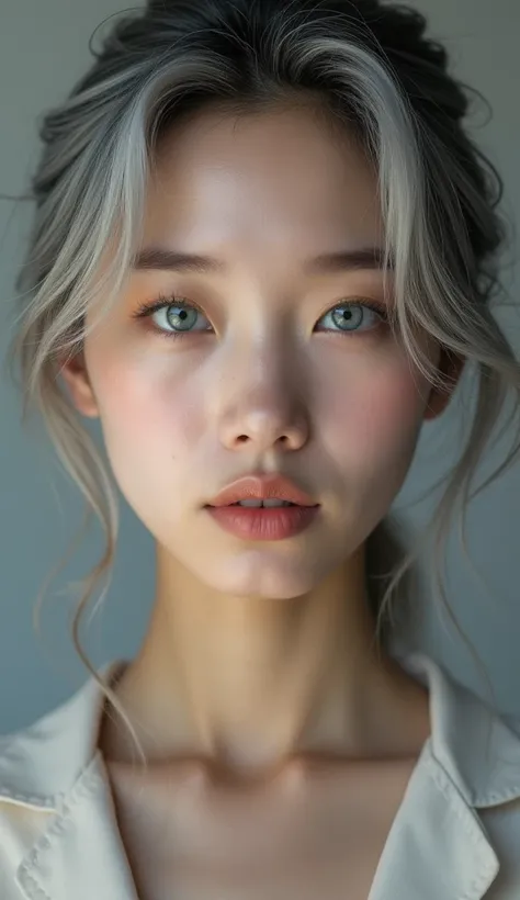 masterpiece, close up photo of 23yo slim girl with arranged gray hair and grey eyes, photoshoot, portrait, studio, ultra realistic skin, 4k