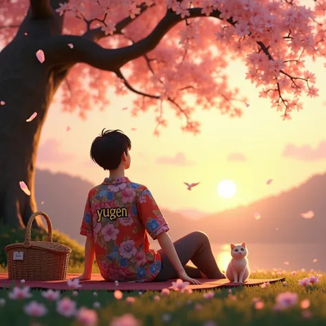 A 3d realistic man, black hair color, theres a picnic basket, sitting under the cherry blossom tree, floral shirt theres sunset, with a cat and birds, had a name on his shirt "Yugen" with a font