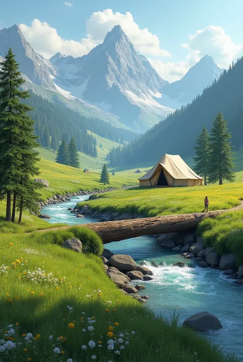 Mountain, alpine trees, river, a safari tent and green grass fields and a tree fall in river and looks like bridge and lush greenery  