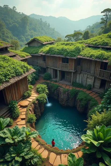 Give me an image of a community ,  where the roofs of their houses are lined with plants and make me an underground tank that is the main one or that is also connected to houses and other sources of water.