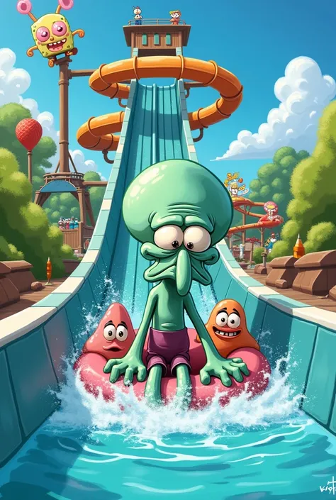 Squidward . Let play a waterslide again you friends 