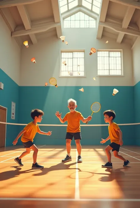 Please generate a beautiful natural picture a 40 years badminton coach coaching 2 young s boys with multiple shuttlecock and beautiful hall whit playing badminton 