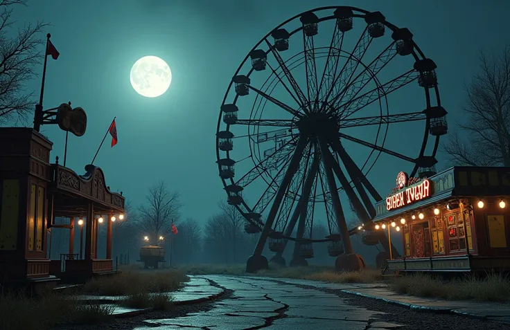 A creepy, abandoned carnival at night, with a broken Ferris wheel and eerie clown faces on the rides