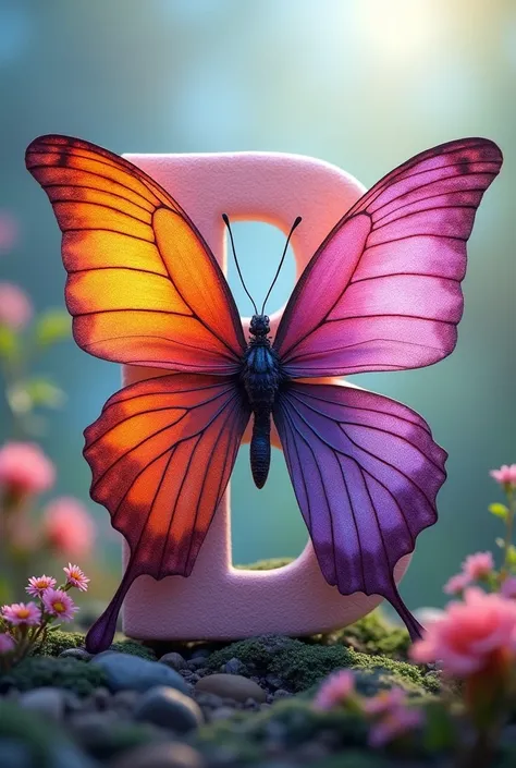 theme:Bettur bly : with butterfly wings ,  coming out behind the letter B  ,  the upper wing with pink colors diminishing to orange ,  the lower wing color purple diminished to a slightly lighter color: abajo del theme el nombre de:Handmade jewelry:  a ple...