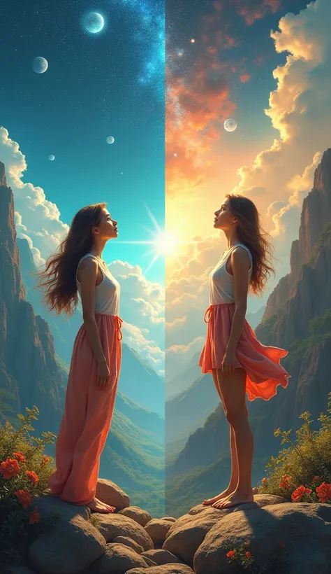  Generate four images of two optimistic women with their vision focused on the universe,with landscapes different from each other 