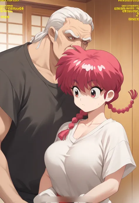 Ranma Saotome, braid, red hair, single braid, braided ponytail, red eyes,
 oversized shirt、Big Breasts、dressing room bathhouse 　old　man、 forward slack :(1.3) Spectacle　down　blouse、The shirt falls a lot